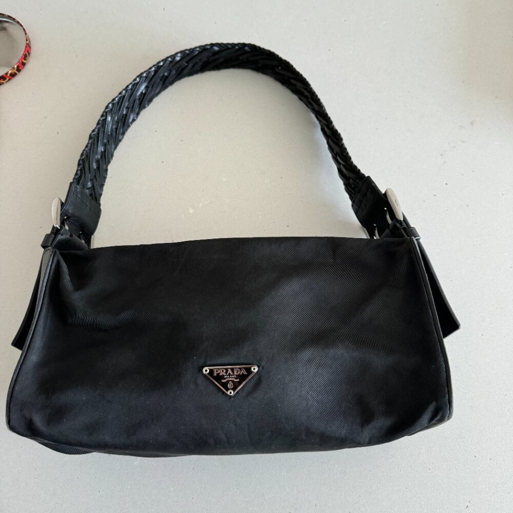Prada Semitracolla nylon black purse Authentic Leather Handle RARE See Photos